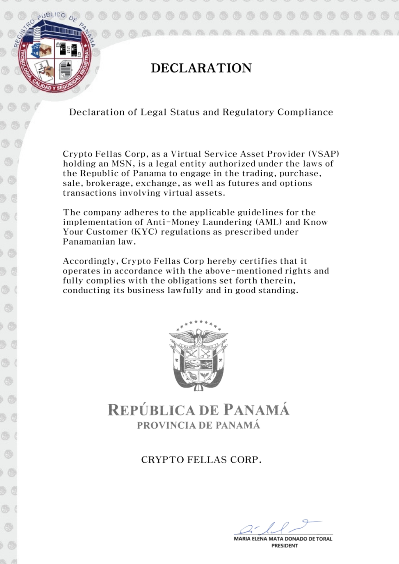 Declaration of Legal Status and Regulatory Compliance