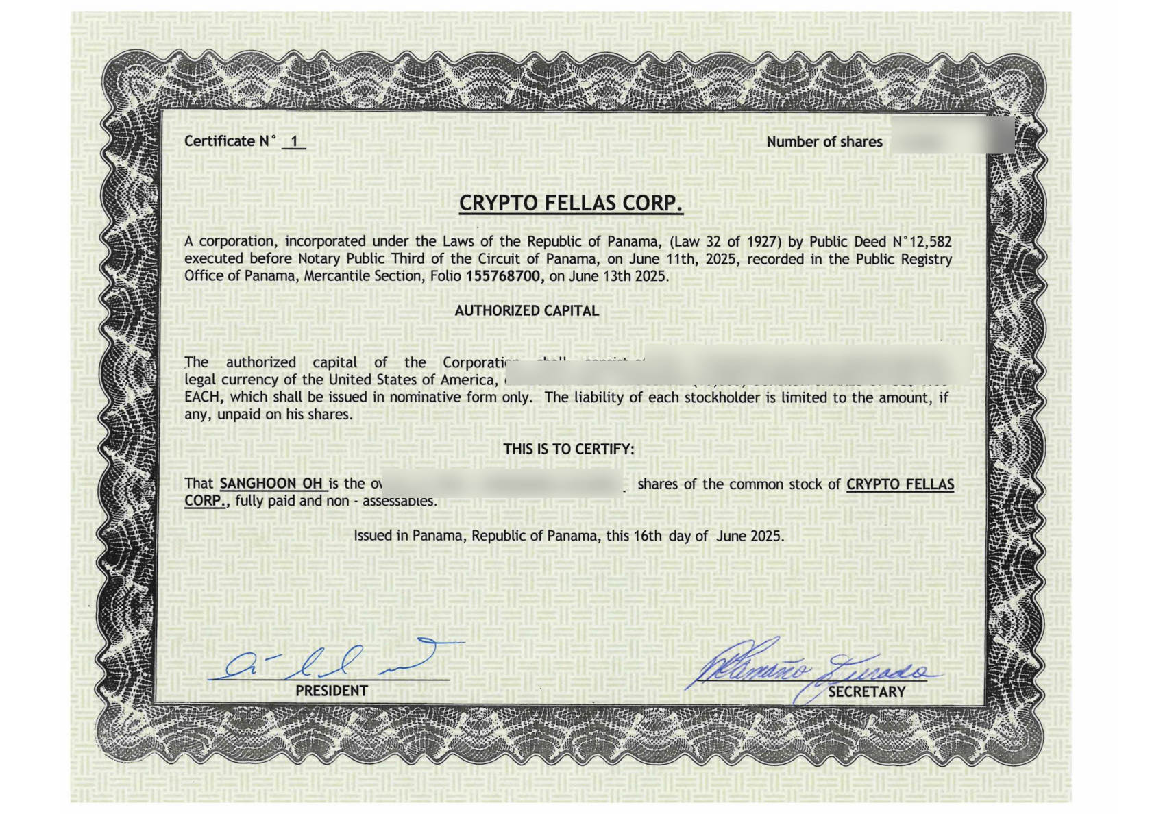 Crypto Fellas Corp. Share Certificate